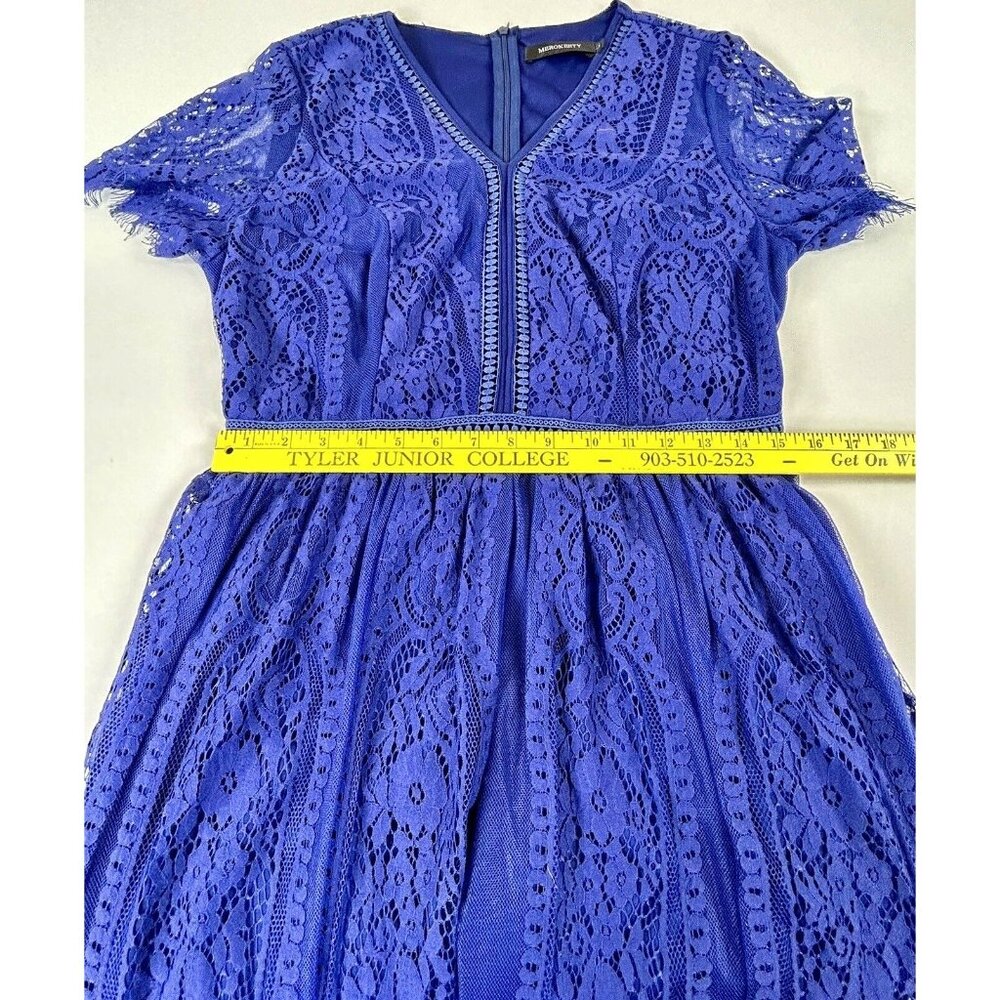 Merokeety Maxi Dress Lace Overlay Indigo Blue Boho Crochet Fringe Knit V Neck L - Picture 16 of 16